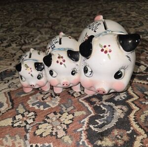 Vintage 1940's Charming Piggy Bank Set - White and Black Floral Design